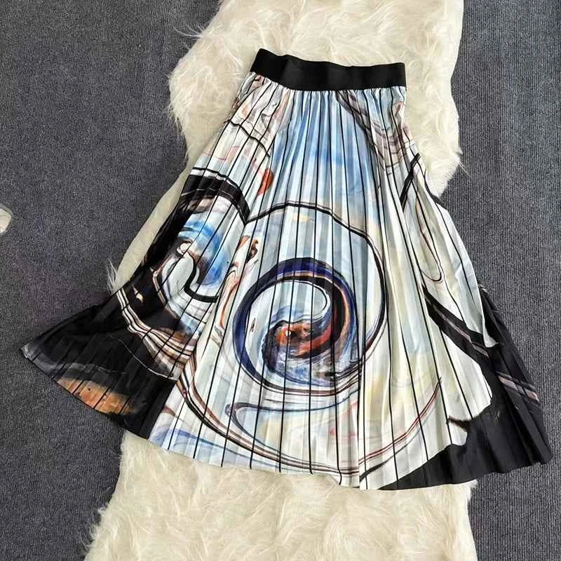 Autumn Skirts Womens New Vintage Floral Print Pleated Skirt Elastic High Waist Casual Midi Skirt Women Clothes Jupe