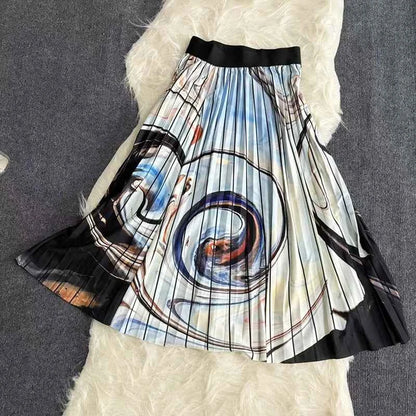 Autumn Skirts Womens New Vintage Floral Print Pleated Skirt Elastic High Waist Casual Midi Skirt Women Clothes Jupe