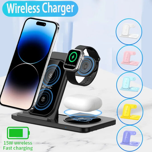 3 In 1 Wireless Charger Stand Foldable 15W Fast Wireless Charging Station Dock for iPhone 16 15 14 13 12 iWatch 9 8 7 6 Airpods