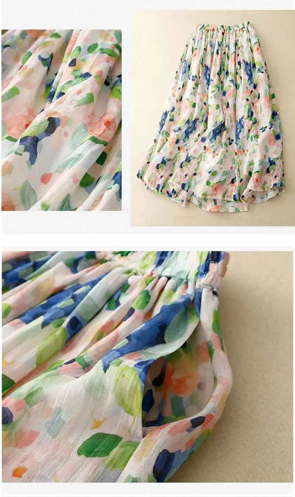 French Floral Oil Painting Elegant Chic Elastic High Waist A-line Women's Skirt Mid-Calf Long Skirts For Women Clothing Fashion