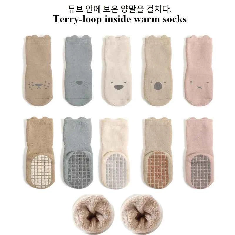 3 Pairs Winter Warm Newborn Baby Girls And Boys Anti-Slip Socks Toddler Cute Cartoon Floor Wearing Accessories - AMULET RING STORE