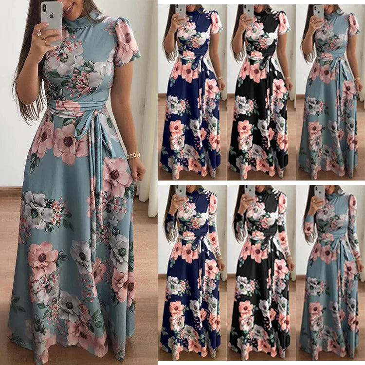 Women's Floral Print Summer Dress - 2025 New Boho A-Line Swing Dress with Short Sleeves, High Waist Flowy Maxi Dress for Beach & - AMULET RING STORE