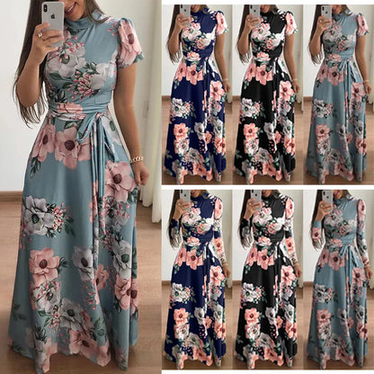 Women's Floral Print Summer Dress - 2025 New Boho A-Line Swing Dress with Short Sleeves, High Waist Flowy Maxi Dress for Beach & - AMULET RING STORE