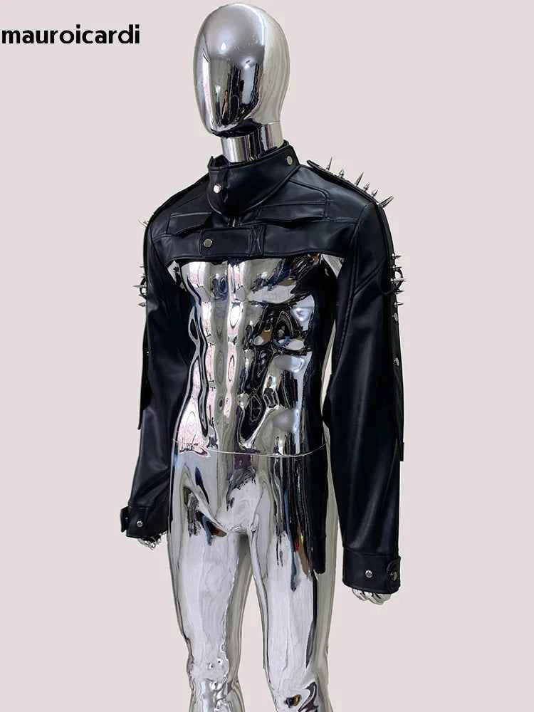 Mauroicardi Spring Autumn Cool Black Cropped Faux Leather Jacket Men Rivet Long Sleeve Zip Up Luxury Punk Style Emo Clothes 2025