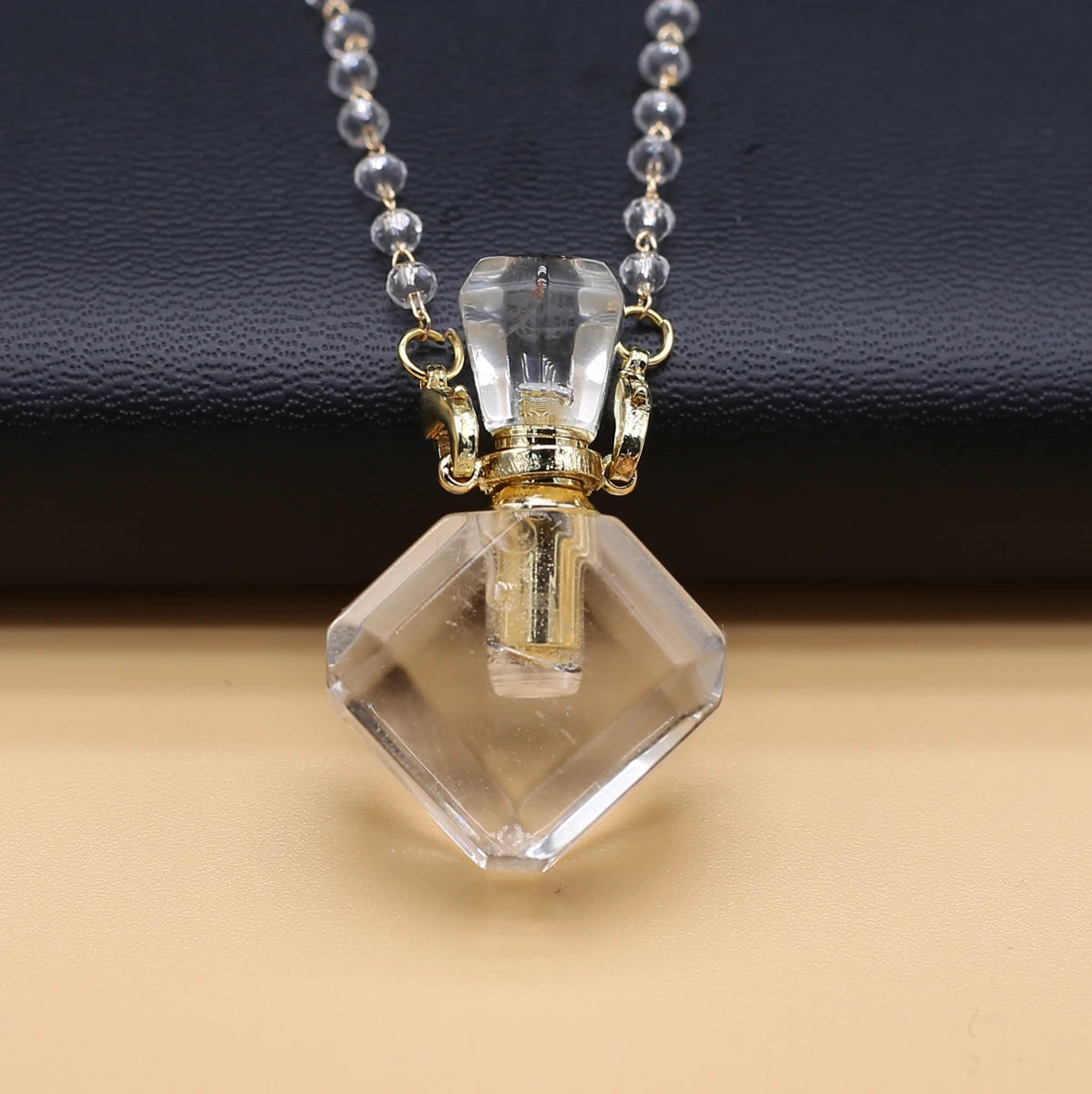 Natural Clear Quartz Stone Essential Oil Diffuser Pendant Stone Bead Chain Perfume Bottle Pendant Necklace Women Jewelry Party - AMULET RING STORE