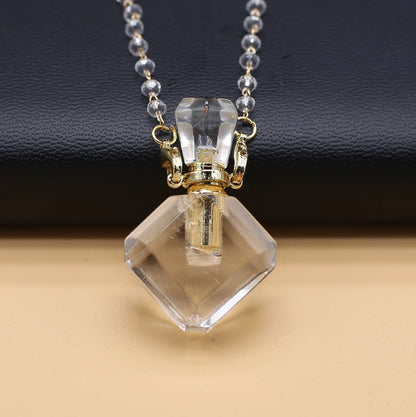Natural Clear Quartz Stone Essential Oil Diffuser Pendant Stone Bead Chain Perfume Bottle Pendant Necklace Women Jewelry Party - AMULET RING STORE