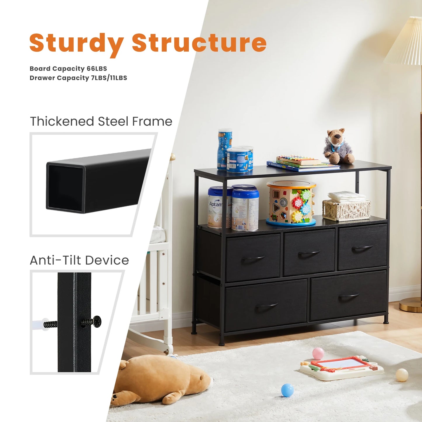 JHK Shoe Cabinet Dresser With 5 Fabric Drawers Toy Storage TV Stand Multilayer Shoe Rack Space Saving Cabinet Of Home Furniture