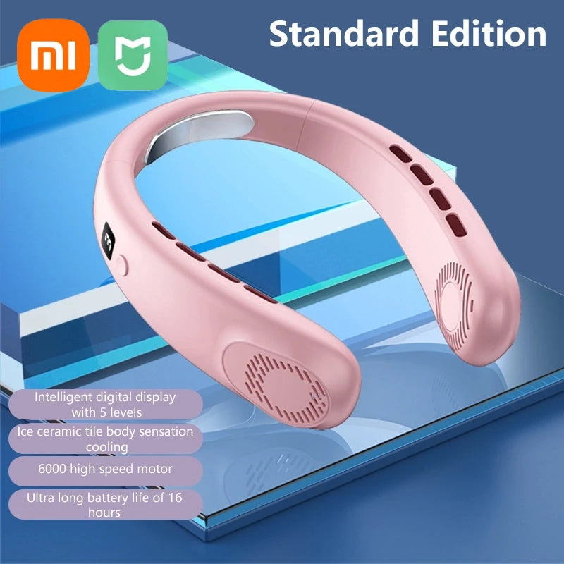XIAOMI 2025 Neck Fan USB Rechargeable Cooling Fan 5 Speed Adjustable Neck Cooler Digital Display Bladeless Neckband Fan