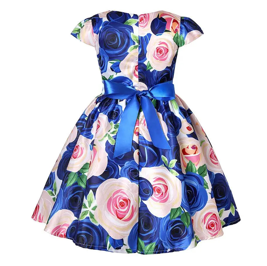 Summer Girls Rose Print Dress Princess Wedding Birthday Party Frocks Satin Children Vestidos Dresses For Girl Christmas Clothing