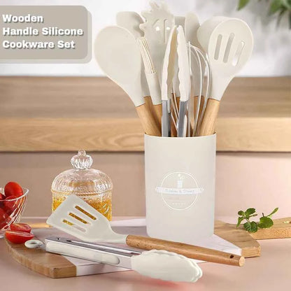 Silicone Cookware Set 12pcs Kitchen Utensil Wooden Handle Non-stick Spatula Shovel Spoon Kitchen Cooking Specialty Tools