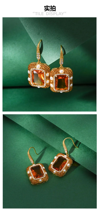 Vintage Crystal & Pearl Earrings, Caramel Cube Drop Earrings, Luxury Geometric Statement Earrings for Women