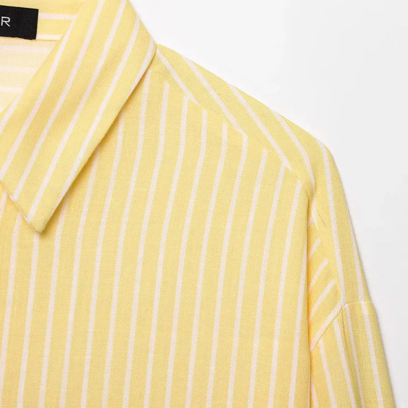 HXAO Women's Striped Shirt Long Sleeve Yellow Shirt Spring Summer Long Button Up Shirts And Blouses Casual Loose Fit Shirt