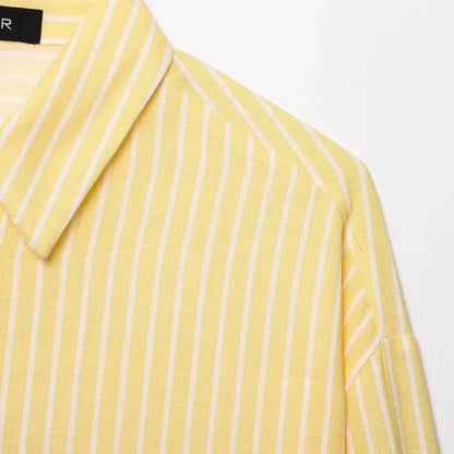HXAO Women's Striped Shirt Long Sleeve Yellow Shirt Spring Summer Long Button Up Shirts And Blouses Casual Loose Fit Shirt