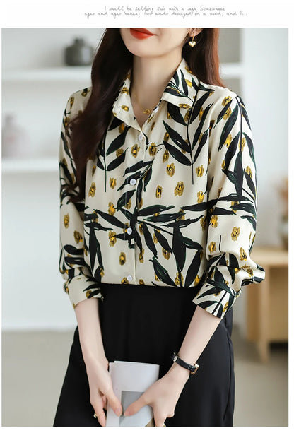 2025 Spring Autumn New Office Lady Blouse Fashion Floral Printed Shirt Turndown Collar Med-Length Long Sleeve Women Tops