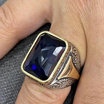 Delicate Square Geometry Grave Gold Silver Color Blue Stone Rings for Men