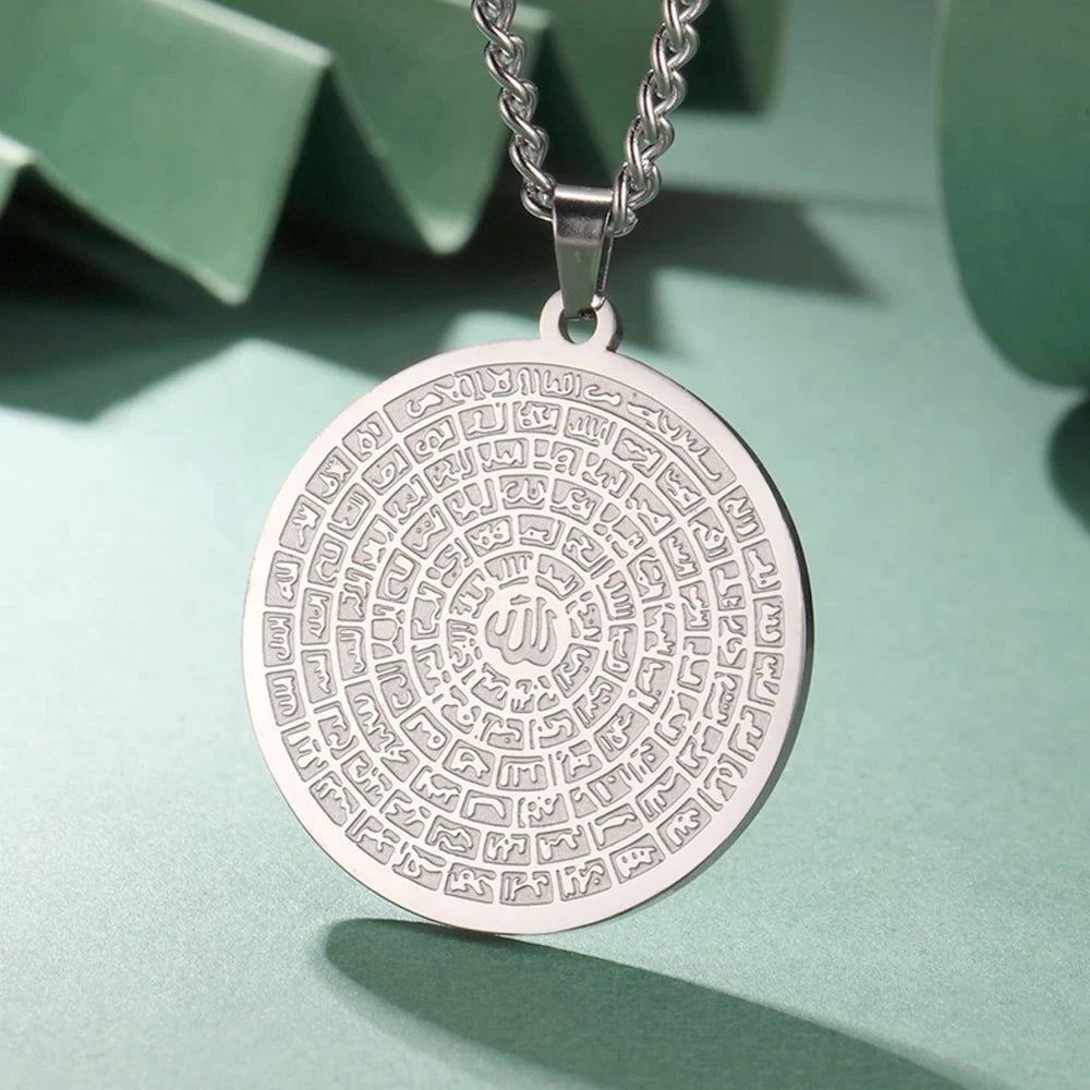 Dawapara 99 Names of Allah Necklace Islamic Muslim Arabian Calligraphy Ayatul Kursi Pendant Religious Stainless Steel Jewelry - AMULET RING STORE