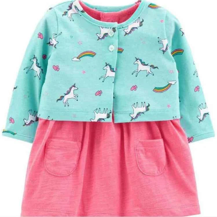 Infant Baby Girls Bodysuit Dress Cotton Floral Baby Girls Long-Sleeved Coat+Short SLeeve Dress 2Pieces Baby Girls Clothes sets