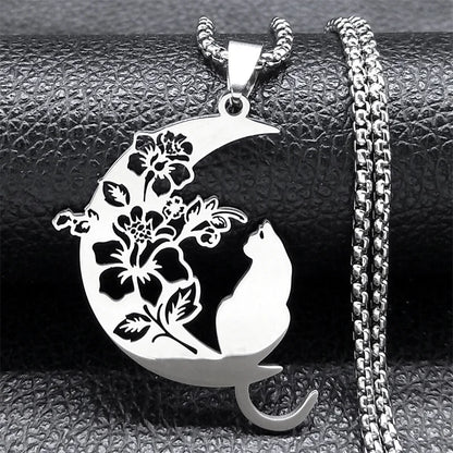 Aesthetic Cat Flower Moon Crescent Necklace for Women Men Stainless Steel Silver Color Bohemia Chain Gift Jewelry collar 3220