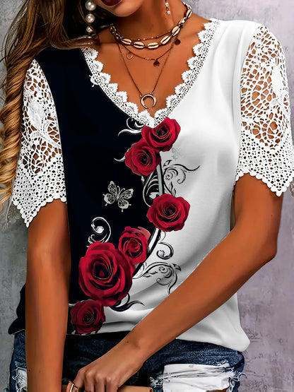 New Boho Flower Blouses Womens Fashion Shirt V-Neck Short Sleeve Flower Print Shirt Tops Casual Loose Ladies Floral Lace