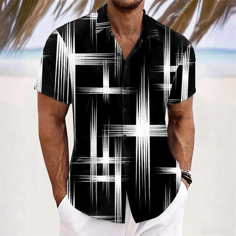 Men's Geometric Plaid Gradient Shirt Fashion Casual Outdoor Vacation Daily Wear Summer Lapel 3D Printed Shirt White Red Blue