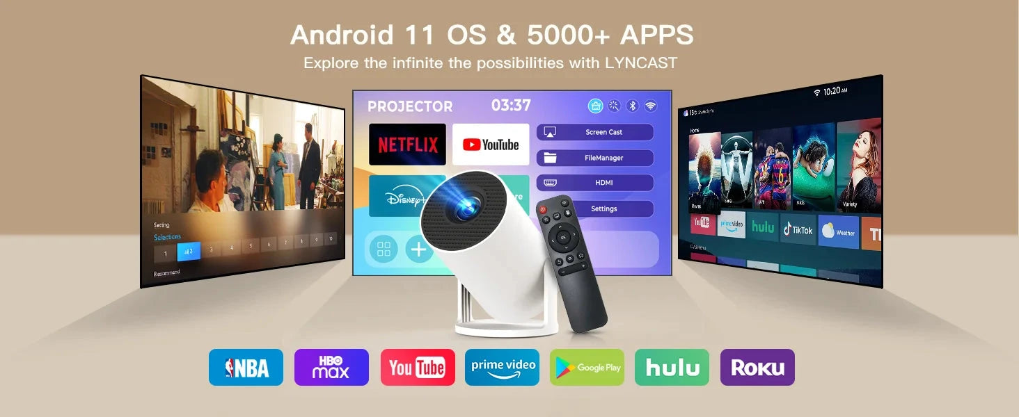 Smart Projector with Wifi and BluetoothPortable 720P 4K Support, Auto Keystone, AirMouse Remote, 180 Degree Rotation