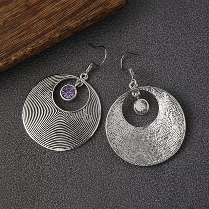Vintage Style Big Round Shape Drop Earrings Inlaid Shiny Synthetic Gems Boho Style Hook Earrings