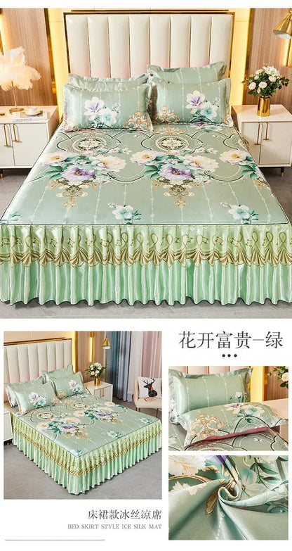 3Pcs/Lot Double Bed Sheet Set Classic Lace Royal Blue Bed Sheet Bed Skirt