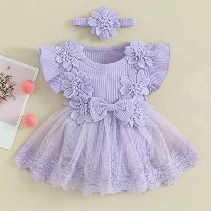 3D Flower Summer Baby Girls Romper Princess Mesh Newborn Clothes Lace Patchwork Ruffle Bodysuit Dress Headband Kids Clothing