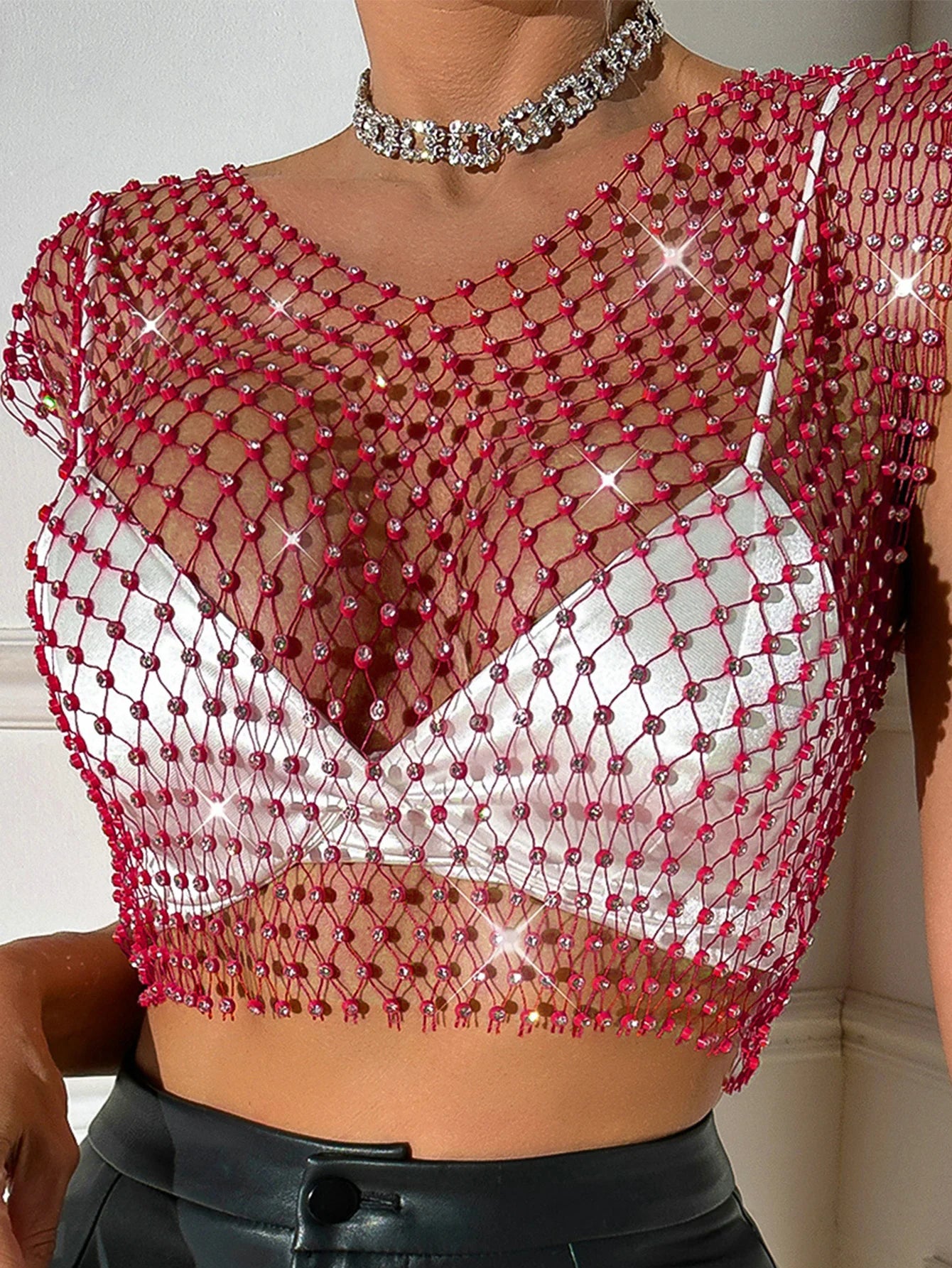 Sexy see through black rhinestone Crop Top Women 2025 Summer Sparkly fishnet beach Party Tank Top night club outfits Tops smock - AMULET RING STORE