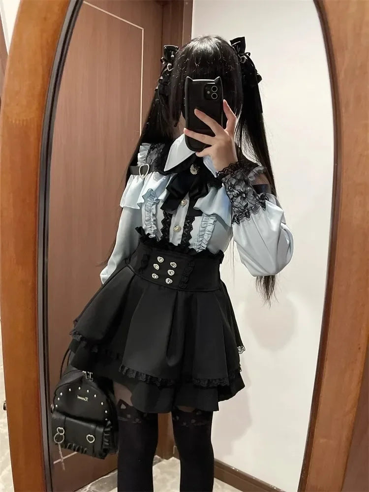Sweet Gothic Lolita Two Piece Set, Off Shoulder Blouse + High Waist Skirt, Kawaii Tri-color Lace Coord Outfit for Women & Teens