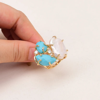 Natural White Pearl Blue Turquoise Stone Rings Adjustable Jewelry Gifts