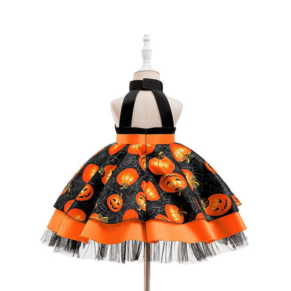 Baby Girl Halloween Costume 0-3 Yrs Little Girl Fantasy Dress Children Pumpkin Skeleton Print Fluffy Gown Kids Cute Orange Frock