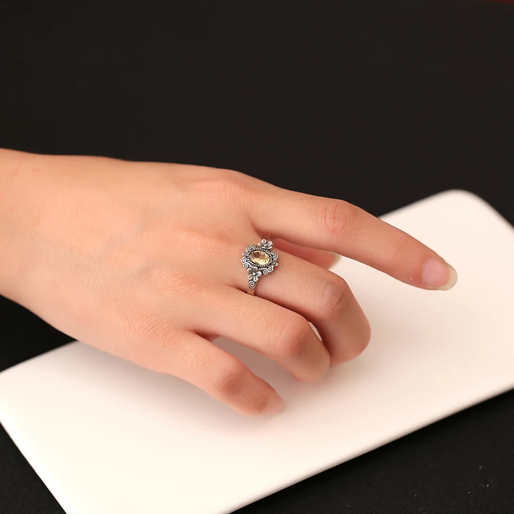 S925 Sterling Silver Citrine Ring Adjustable Stackable Bands Yellow Crystal November Birthstone Handmade Floral Boho Jewelry - AMULET RING STORE