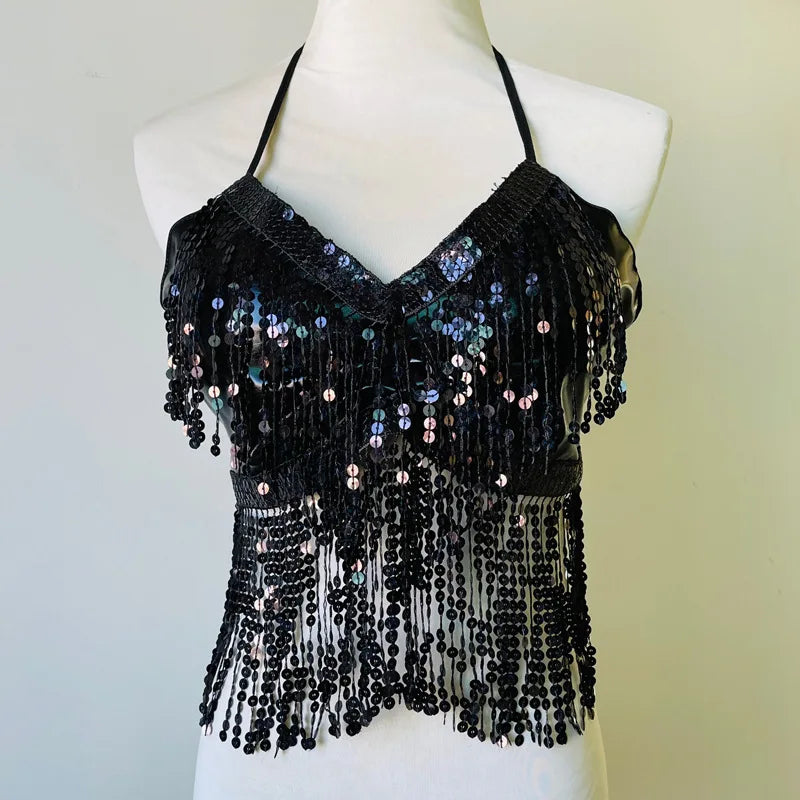 Women Belly Dance Tassel Crop Top Sequin Halter Top Bandage Tank Top Strappy Backless Tube Sleeveless Vest Hot Beach Shinny Top - AMULET RING STORE