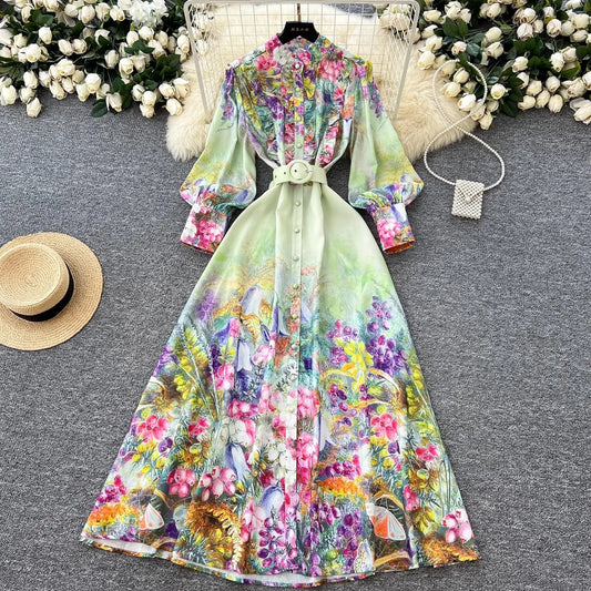 Autumn Vintage Flower Maxi Dress Women's Lantern Long Sleeve Stand Single-Breasted A-Line Flower Printed Ruffles Robe Vestidos