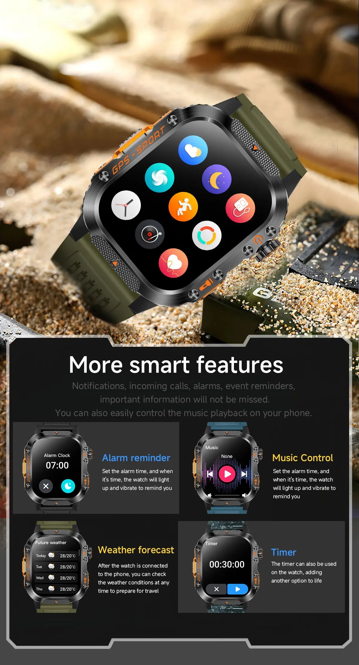 2025New GPS Smart Watch For Xiaomi IOS Military Compass Flashlight Smartwatch Men 10ATM Waterproof 100+Sport Modes BT Call Watch