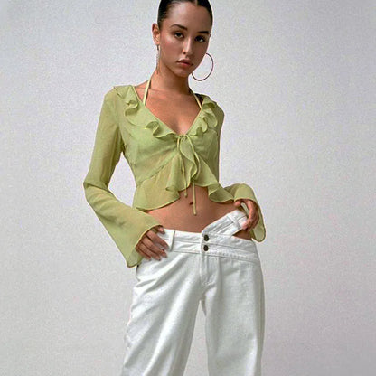 Vintage 90s Streetwear Ruffles Trim Green Chiffon T-shirts Y2K Fashion Sexy Deep V Lace Up Long Sleeve Tops Transparent - AMULET RING STORE