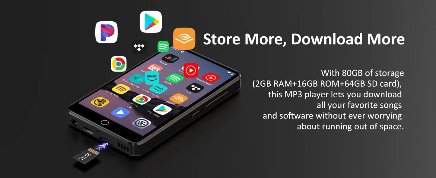 80GB (16GB+64GB) MP3 Player Android 9.0 with Bluetooth and WiFi, 4.0-inch with speakers, FM radio, eBooks, capacity up to 512GB