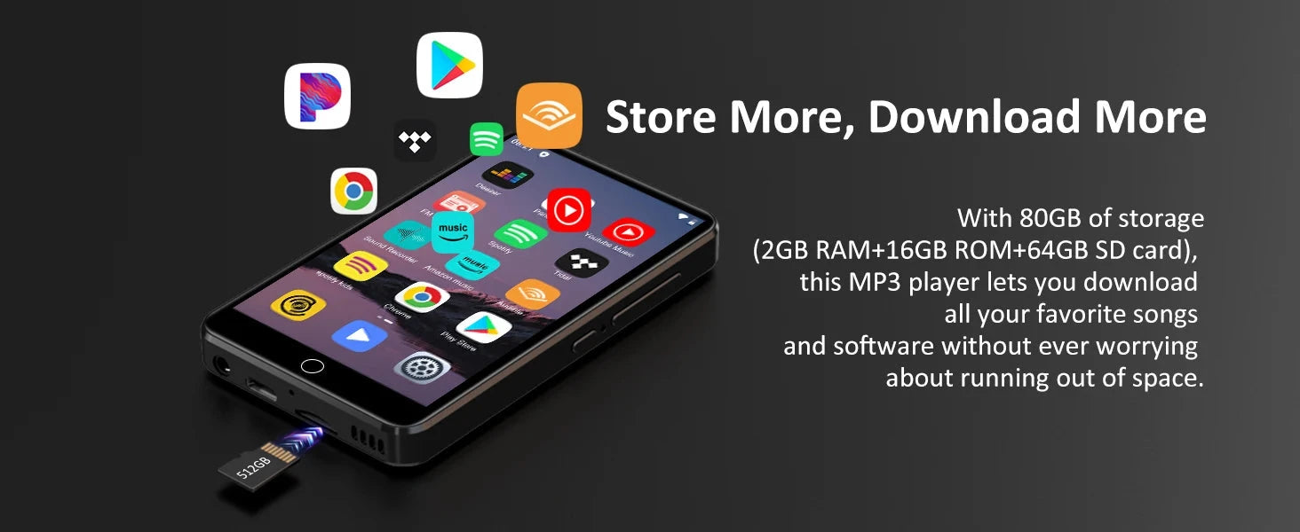 80GB (16GB+64GB) MP3 Player Android 9.0 with Bluetooth and WiFi, 4.0-inch with speakers, FM radio, eBooks, capacity up to 512GB