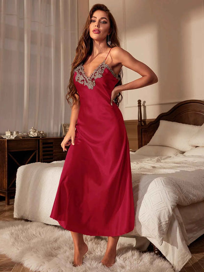 Lace Trim Satin Slip Nightdress  V Neck Backless Sleep Dress  Women's Sleepwear   Dresses