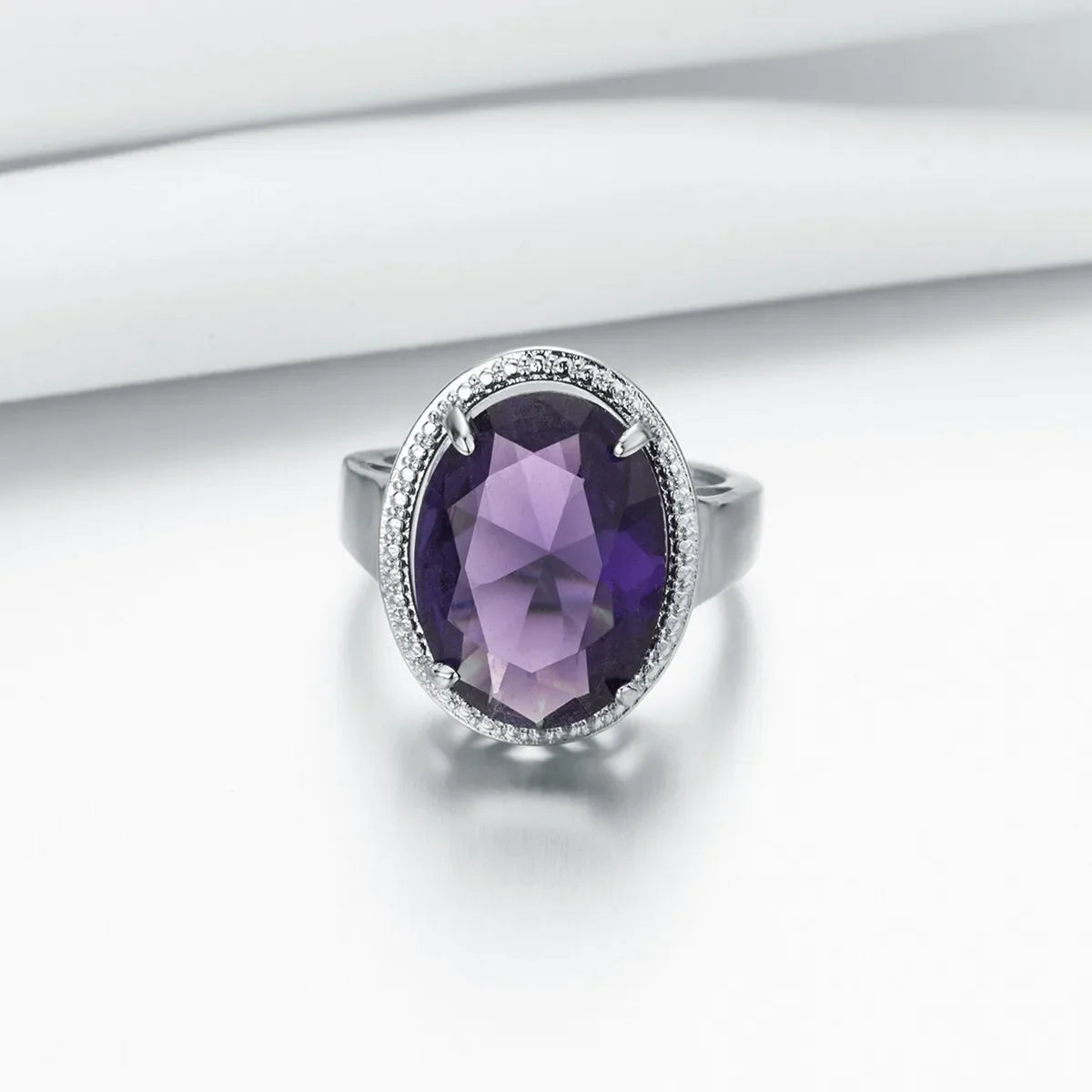 Women's S925 Silver Amethyst Ring - Exaggerated Egg Shaped Design
