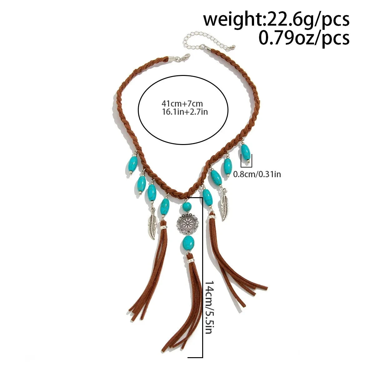 Ethnic Style Women Leaf Choker Woven Rope Leather Tassel Turquoise Stone Necklace Feather Pendant Retro Bohemian Necklace - AMULET RING STORE