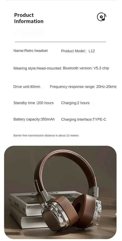 Retro Trendy Wireless Headphone Bluetooth 5.3 Long Battery Life Stereo Music Sport Foldable OverEar Headset with Noise Reduction