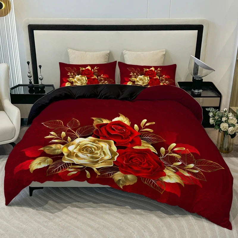 3pcs Golden Rose Duvet Cover Set，Soft And Breathable Bedroom And Dormitory Bedding，Includ (Duvet Cover*1+Pillowcase*2) - AMULET RING STORE
