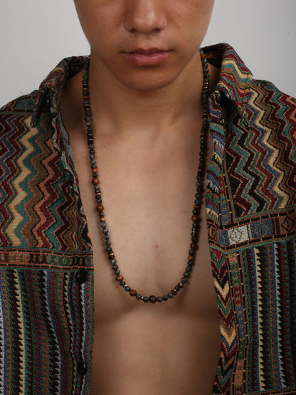 1PC Man's Vintage Bohemia Natural Flash Stone Long Beaded Necklace for Men Tribal Boho Long Wooden Beads Necklace Men Jewelry