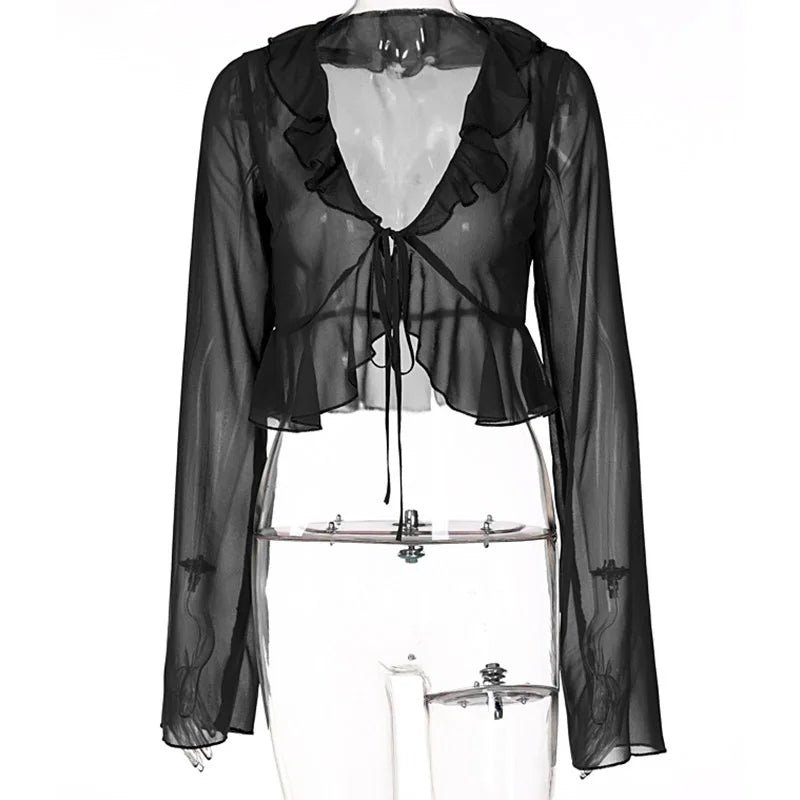 Vintage 90s Streetwear Ruffles Trim Green Chiffon T-shirts Y2K Fashion Sexy Deep V Lace Up Long Sleeve Tops Transparent - AMULET RING STORE