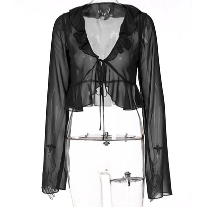 Vintage 90s Streetwear Ruffles Trim Green Chiffon T-shirts Y2K Fashion Sexy Deep V Lace Up Long Sleeve Tops Transparent - AMULET RING STORE