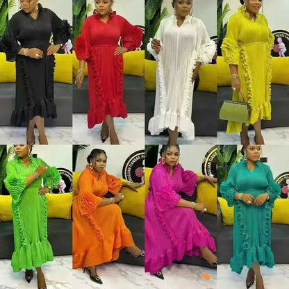 Miyaki Dress, Plus-Size, Ruched, with Fishbone Detailing, Ruffled Belt, Slim-Fit Midi Dress, Elegant and Casual A-Line Pleated Dress with High Elasticity