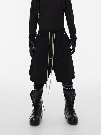 Mauroicardi Spring Summer Cool Handsome Hard Black Cargo Shorts for Men High Waist Drawstring Short Straight Pants Clothes 2025