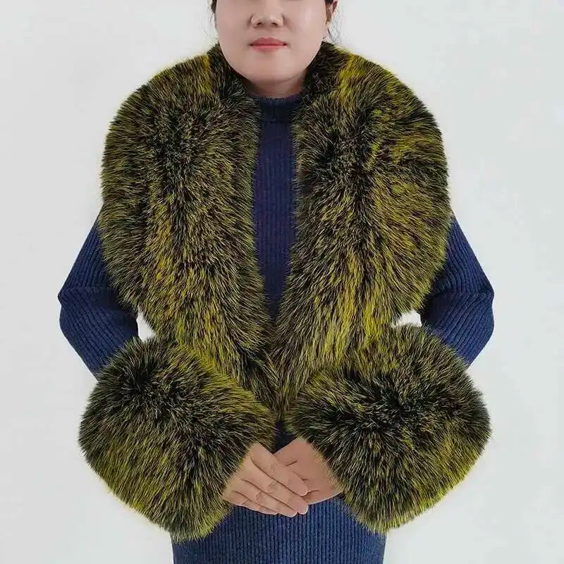 Large Winter Faux Fox Fur Scarf Women Jackets Warm Fluffy Shawl Fashion Artificial Fur Collar And Cuff Set Fluffy Scarves Female